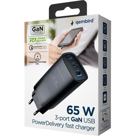 Gembird 3-port GaN 67W univerzális hálózati töltő adapter fekete QC 3.0, PD