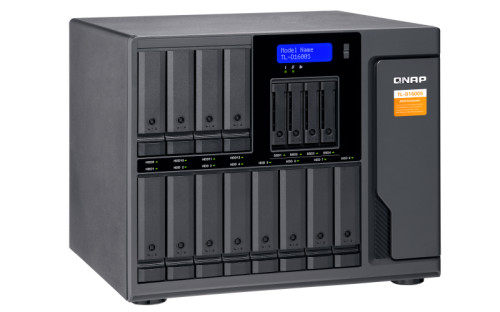 QNAP 16-bay desktop SATA JBOD expansion unit with a QXP-1600eS PCIe SATA host card an