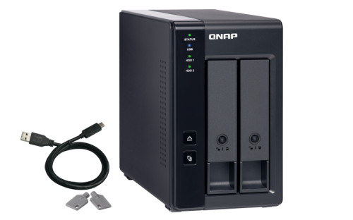 QNAP 2-bay 3.5" SATA HDD USB 3.1 Gen2 10Gbps type-C hardware RAID external enclosure.