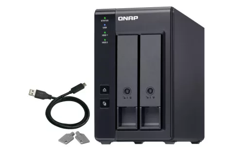 QNAP 2-bay 3.5" SATA HDD USB 3.1 Gen2 10Gbps type-C hardware RAID external enclosure.