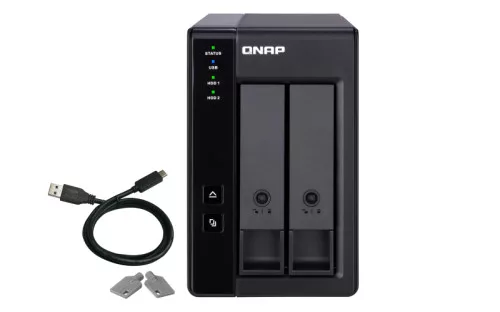 QNAP 2-bay 3.5" SATA HDD USB 3.1 Gen2 10Gbps type-C hardware RAID external enclosure.