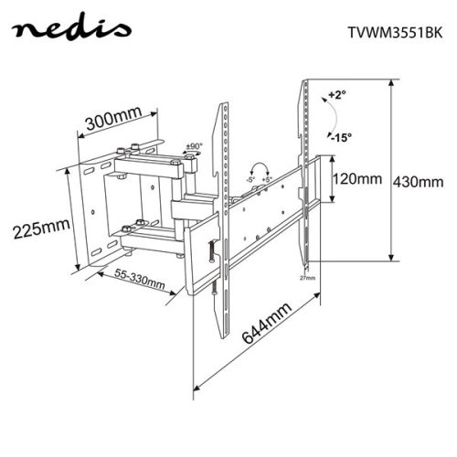Nedis TVWM3551BK szabadon mozgatható fali LCD TV / monitor tartó konzol (37"-80"), 35kg