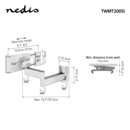 Nedis TWMT200SI 7"-12" tablet fali tartó konzol, maximum 1 kg, 360° fokban forgatható, dönthető, fehér/ezüst