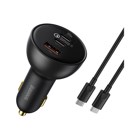 BASEUS QUALCOMM autós töltő USB+2 Type-C aljzat 100W, PD gyorstöltő 5.0 + Type-C kábel, FEKETE