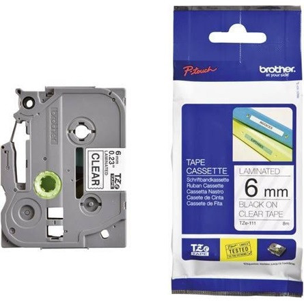 Brother TZE111 6mm áttetsző alapon fekete festékszalag fekete