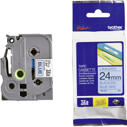 Brother TZE551 24mm kék alapon fekete nyomtatószalag festékszalag fekete-kék