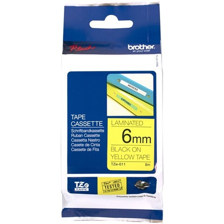 BROTHER Festékszalag TZe-611, Sárga alapon Fekete, Laminált, 6mm  0.23", 8 méter