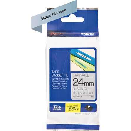Brother TZEM951 24mm ezüst alapon fekete (matt) metálos szalag festékszalag fekete-ezüst