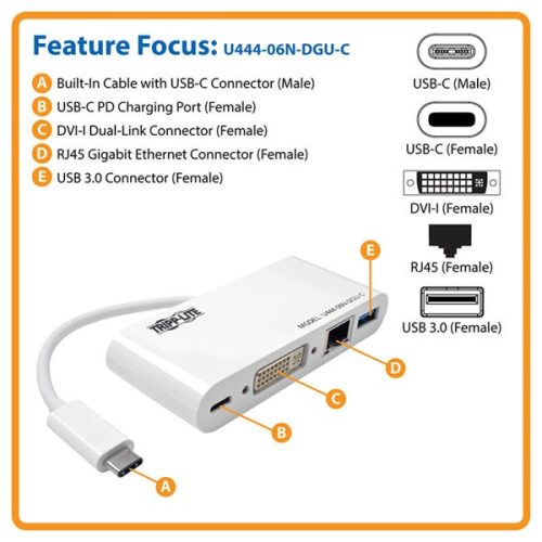 TRIPP-LITE TRIPP LITE USB-C adapter, DVI, USB-A Port, Gbe and PD Charging, fehér
