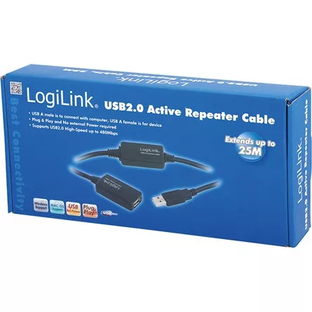 LogiLink USB-A 2.0 - USB-A 2.0 M/F adatkábel hosszabbító 25m fekete
