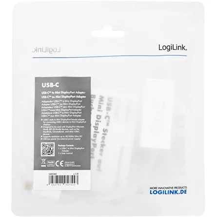 LogiLink USB-C 3.1 Gen1 -> Mini DisplayPort 1.2 M/F adapter 0.15m fehér