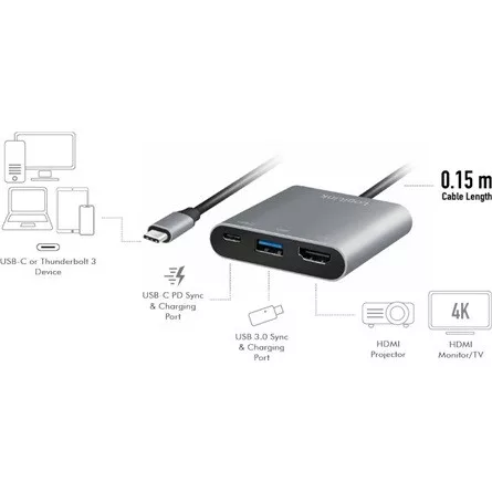 LogiLink USB-C 3.2 Gen1 -> 1db HDMI 2.0 1db USB-C 3.2 Gen 2 1db USB-A 3.0 M/F adapter 0.15m szürke DP Alt Mode, PD 100W