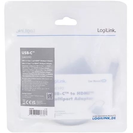 LogiLink USB-C 3.2 Gen1 -> 1db HDMI 2.0 1db USB-C 3.2 Gen 2 1db USB-A 3.0 M/F adapter 0.15m szürke DP Alt Mode, PD 100W