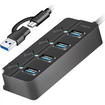 Logilink USB 3.2 Gen1 Hub, 4 port, be-/kikapcsoló, fekete