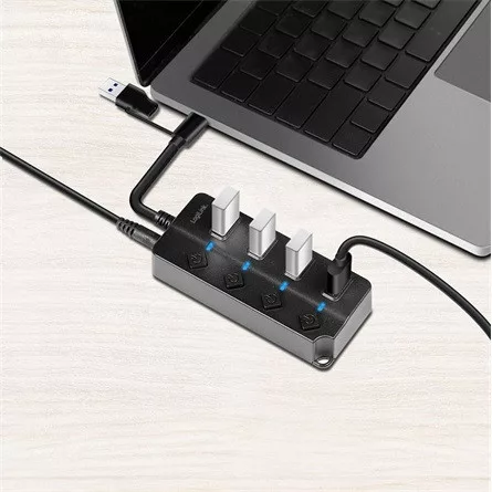 Logilink USB 3.2 Gen1 Hub, 4 port, be-/kikapcsoló, fekete