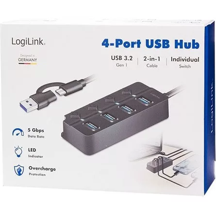 Logilink USB 3.2 Gen1 Hub, 4 port, be-/kikapcsoló, fekete