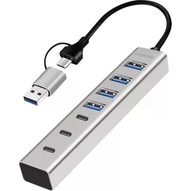   Logilink USB 3.0 hub, 7 port, 4x USB-A, 3x USB-C, 2 az 1-ben csatlakozókábel, 5 Gbit/s, ezüst