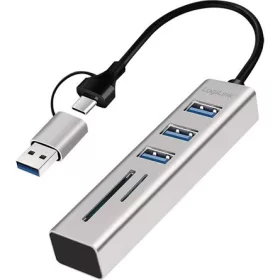   Logilink USB 3.0 hub, 3x USB-A, SD/microSD nyílás, 2 az 1-ben csatlakozókábel, 5 Gbit/s, ezüst
