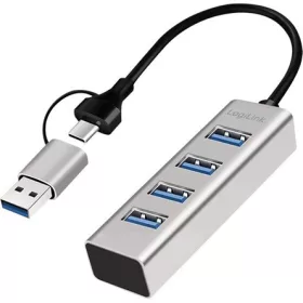   Logilink USB 3.0 hub, 4x USB-A, 5 Gbit/s, 2 az 1-ben csatlakozókábel, ezüst