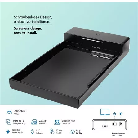 LogiLink 2.5/3.5" SATA3 USB-C Thunderbolt külső ház fekete