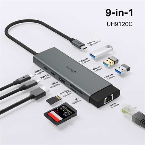 TP-LINK USB Type-C HUB 9 portos 1xHDMI + 1xLAN + 1xPD 100W + 1xUSB-C, 3xUSB +2xKártyaolvasó, UH9120C