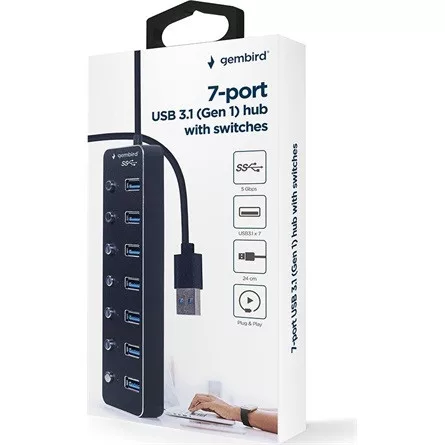 Gembird portonként kapcsolható 7-portos USB-A 3.1 Gen1 hub fekete
