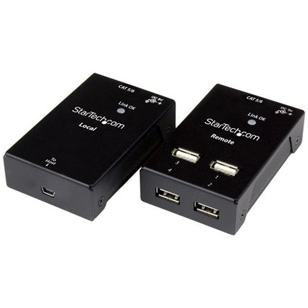 StarTech USB-A 2.0 RJ45 CAT5 UTP -> 4db USB-A 2.0 RJ45 CAT5 UTP F/F extender hosszabbító fekete max. 50m