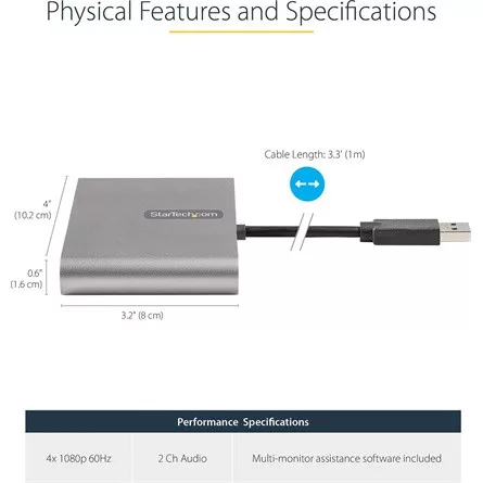 StarTech USB-A 3.0 -> 4db HDMI 1.4 M/F adapter 1m szürke