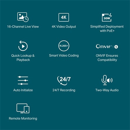 TP-link NVR rögzítő - VIGI NVR2016H-16MP (16 csatorna, 16 PoE+ port; H265+, 8MP, HDMI, VGA, 2xUSB, 2xSata, audio)