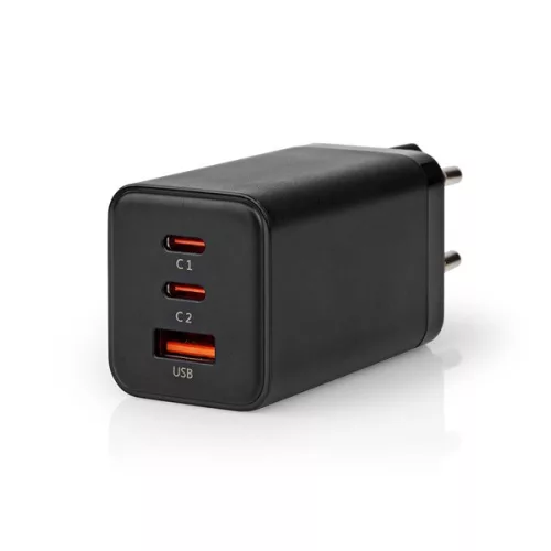 Nedis WCGPD65W100BK PD töltő / tápegység 65W, 5A, GaN, QC, automatikus feszültségválasztás, USB-A / 2x USB-C