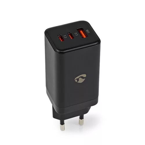 Nedis WCGPD65W100BK PD töltő / tápegység 65W, 5A, GaN, QC, automatikus feszültségválasztás, USB-A / 2x USB-C
