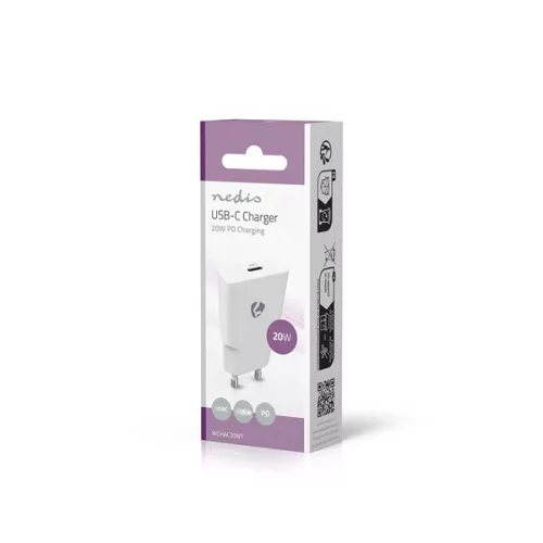 Nedis WCHAC20WT fali USB töltő, 20 W, GaN, PD3.0, 1,67 / 2,22 / 3,0 A, USB-C, automatikus feszültségválasztás