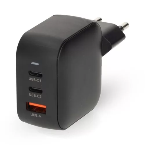 Nedis WGCHA70WBK töltő 70 W, GaN, PD3.0, QC 1,5 / 2,25 / 2,5 / 3,0 / 3,5 A, Kimenetek száma: 3, USB-A / 2x USB-C