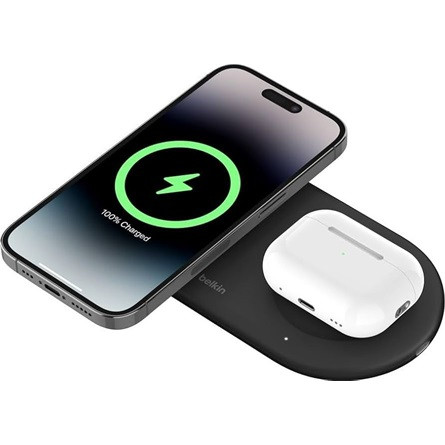 BELKIN asztali töltő 2in1 (15W, gyorstöltő, wireless, Magsafe, Apple Airpods töltő, Qi2) FEKETE