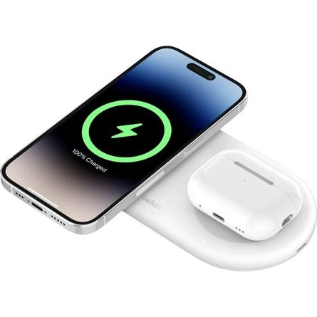 BELKIN asztali töltő 2in1 (15W, gyorstöltő, wireless, Magsafe, Apple Airpods töltő, Qi2) FEHÉR