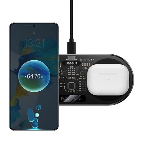 Baseus Digital LED Display 2-in-1 vezeték nélküli töltő 20W, fekete + 3A USB Type-A – USB Type-C,  1m kábel