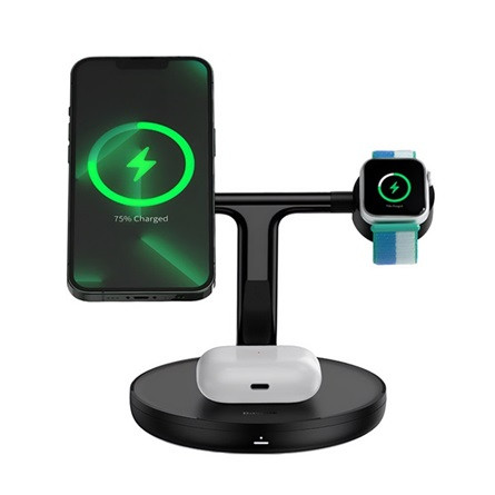 Baseus Apple Watch Series 5 44mm BASEUS hálózati töltő 3in1 15W, Apple Airpods töltő, FEKETE