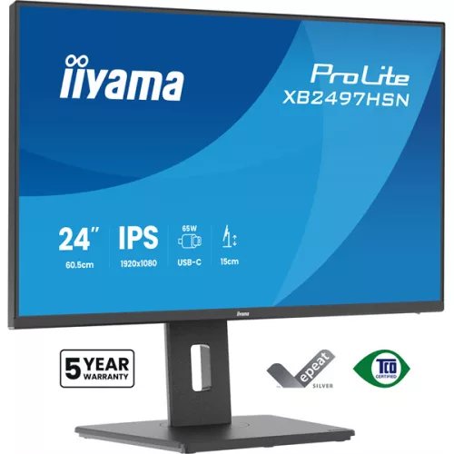 IIYAMA ProLite monitor, IPS, 23.8", 1920x1080, 16:9, 350 cd/m˛, 1ms, 1500:1, HDMI/DisplayPort/USB/RJ45