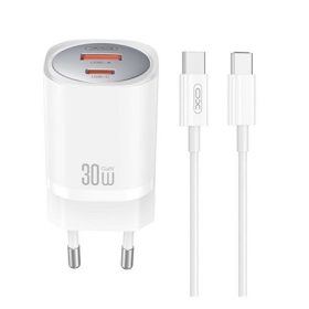   XO CE21 hálózati töltő USB+Type-C aljzat (30W, GaN, PD gyorstöltő + Type-C kábel) FEHÉR