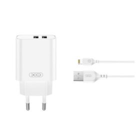   XO CE34 hálózati töltő 2 USB aljzat (2.4A, gyorstöltő + lightning kábel) FEHÉR