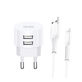  USAMS T20 hálózati töltő 2 USB aljzat 10W, gyorstöltő + lightning kábel, FEHÉR