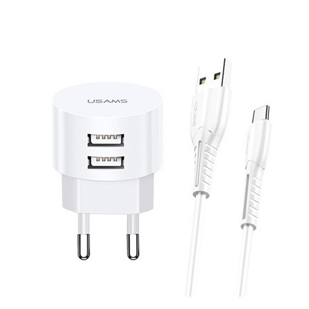 USAMS T20 hálózati töltő 2 USB aljzat 10W, gyorstöltő + microUSB kábel, FEHÉR