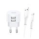 USAMS T20 hálózati töltő 2 USB aljzat 10W, gyorstöltő + microUSB kábel, FEHÉR