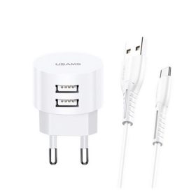   USAMS T20 hálózati töltő 2 USB aljzat 10W, gyorstöltő + Type-C kábel, FEHÉR
