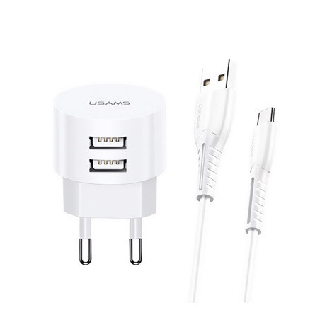 USAMS T20 hálózati töltő 2 USB aljzat 10W, gyorstöltő + Type-C kábel, FEHÉR