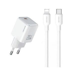   USAMS hálózati töltő Type-C aljzat 20W, PD gyorstöltő 3.0 + Type-C - lightning kábel, FEHÉR