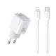 USAMS hálózati töltő Type-C aljzat 20W, PD gyorstöltő 3.0 + Type-C - lightning kábel, FEHÉR