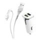 HOCO Z31 autós töltő 2 USB aljzat 18W, gyorstöltő 3.0 + lightning kábel, FEHÉR