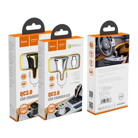 HOCO Z31 autós töltő 2 USB aljzat 18W, gyorstöltő 3.0 + lightning kábel, FEHÉR