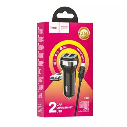 HOCO Z40 autós töltő 2 USB aljzat 12W, LED jelzés + lightning kábel, FEKETE